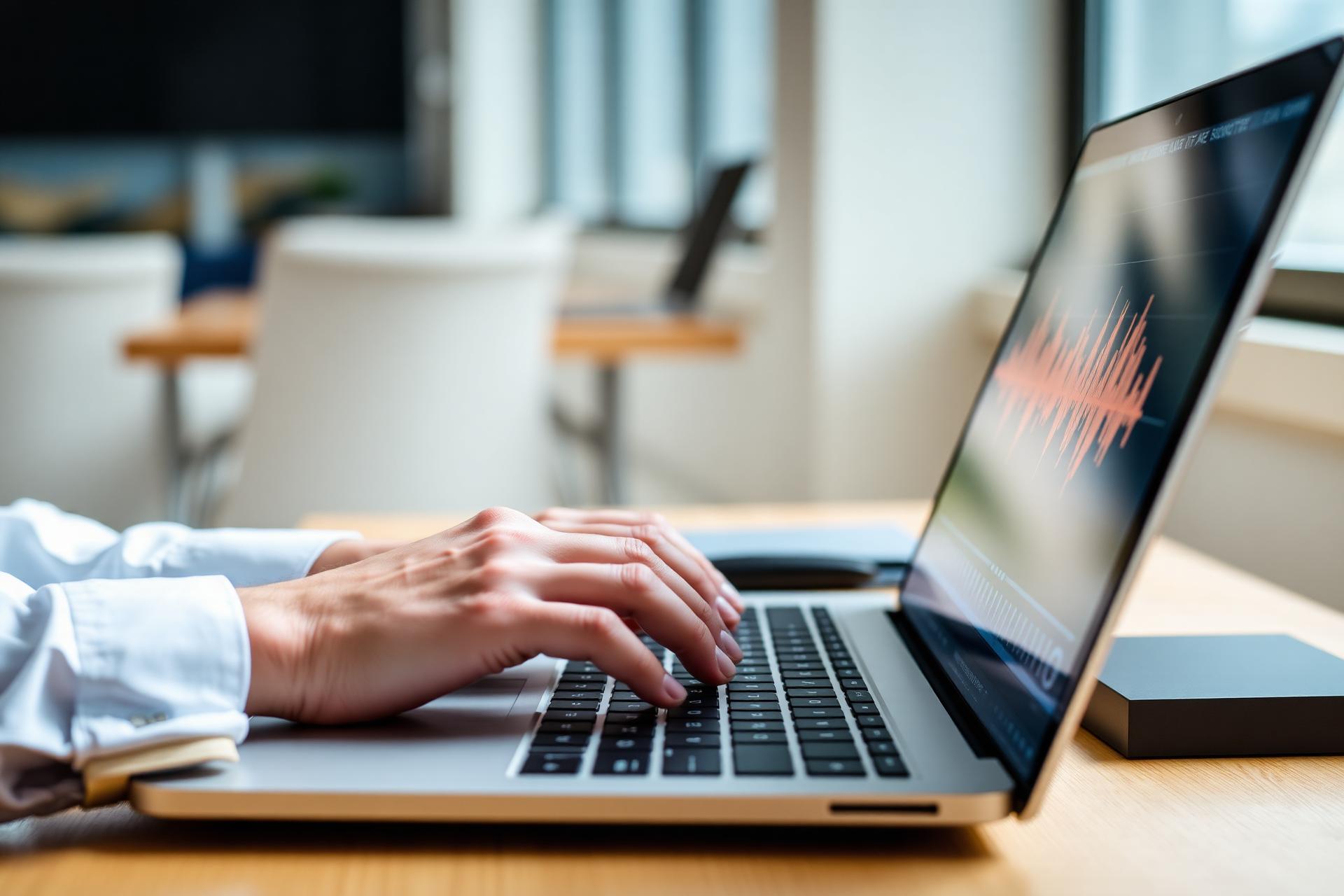 Hands typing on a laptop displaying an audio waveform.